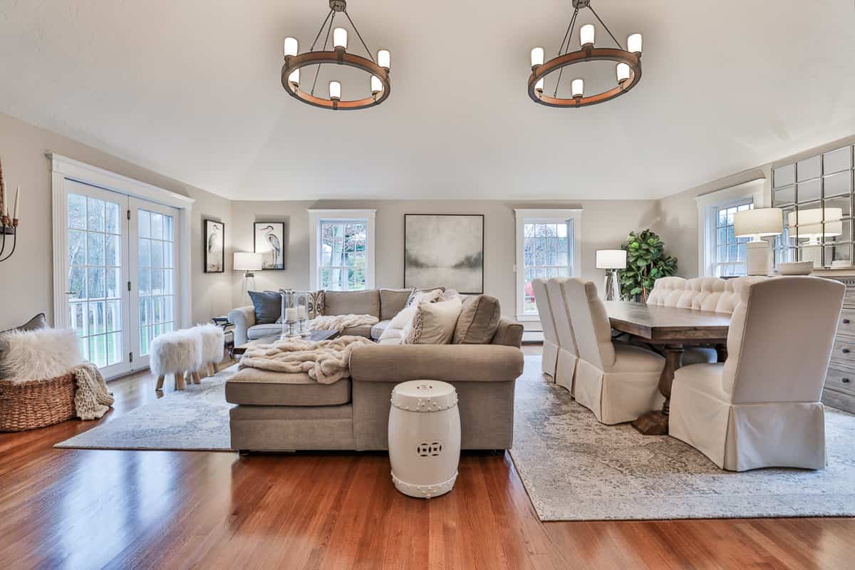 book club hosting, family room, dining